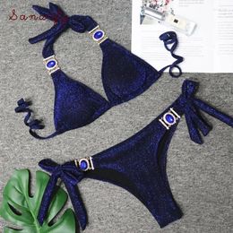 Women's Swimwear Shiny Rhinestone Bikini 2024 Diamond Swimsuit Women Metal Chains Set Halter Bathing Suit