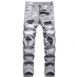 High Quality Men Casual Black Jeans Paint Slim Straight Hole Biker Jeans Autumn Jean Homme Male Denim Pants 240123