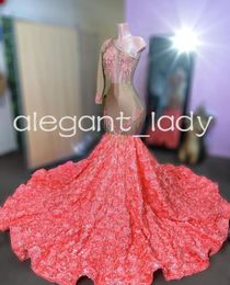 Watermelon Sparkly African Evening Dresses for Women 3D Rose Floral Luxury Tassel One Shoulder Prom Ceremony Gown 2024