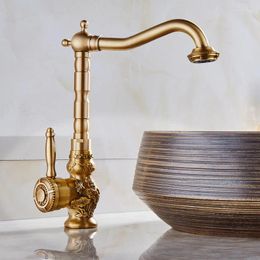 Bathroom Sink Faucets All-European-style Brass Antique Retro Rotating Carved Basin And Cold Stage Art Mixing Water