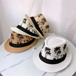 Berets Straw Panama Hat Men Fedora Hats Black Belt Tree Pattern Trilby Caps Summer Jazz Breathable Fashion Sunhat Cap