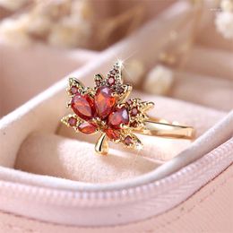 Wedding Rings Cute Female Red Zircon Stone Ring Trendy Yellow Gold Color Maple Engagement For Women Bride Jewelry Gift