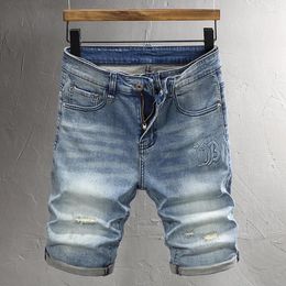 Men's Jeans Summer Fashion Men Retro Light Blue Plain Washed Elastic Short Ripped Embossed Designer Vintage Denim Shorts
