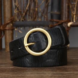 Belts 3CM Unisex Genuine Leather Belt Designer Brass Round Buckle Cowskin Vintage Strap Male Jeans For Men And Women