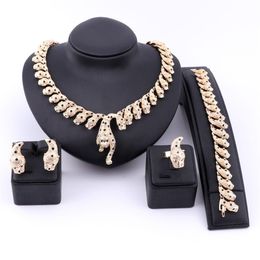 Nigerian Dubai African Gold Silver Plated Crystal Leopard Necklace Earrings Ring Bracelet Bridal Jewellery Sets For Women Wedding Pa2286