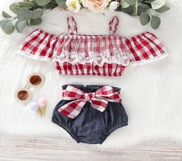 baby Girl Kids Summer Clothing Sets Off Shoulder Red Plaid Shirt Denim Short Summer Girl clothing sets5470282