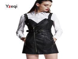 Yzqi Fashion Autumn Leather Overall Dress Women Soft Pu Faux Leather Dresses Sexy Turndown Collar Slim Retro Black Short Dress5495938