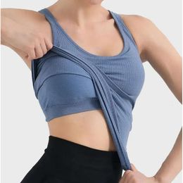 Lu-44 Yoga Top Women Short Sleeveless Tank With Padded Bra Slim Fit Running Workout Vest Athletic Sport T-Shirt Solid Fitness Exercise Gy 11