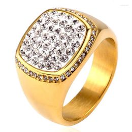 With Side Stones Hip Hop Iced Out Full Rhinestone Engagement Wedding Ring Gold Colour Stainless Steel Rings For Men Women Wholesale Bague