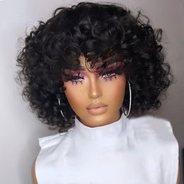 14inch Mongolian Hair Short Hair Afro Kinky Curly Wigs with Bangs for Black White Women Glueless Natural Curly Bob Wig High Temperature