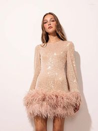 Casual Dresses Fashion Sequined Fringes Dress For Women 2024 Long Sleeve Slim Solid Backless Mini Female Shiny Evening Party Vestidos