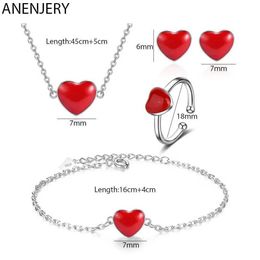 Bangle ANENJERY Silver Colour Simple Red Heart Necklace/Earrings/Ring/Bracelet For Women Girl Jewellery Sets 240125