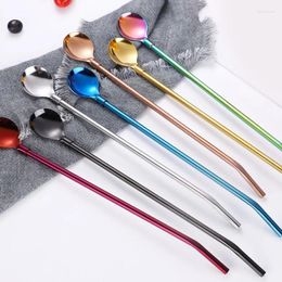 Drinking Straws 7 Colours Straw Spoon Stainless Steel Long Reusable Metal Spoo Tea Coffee Mixing