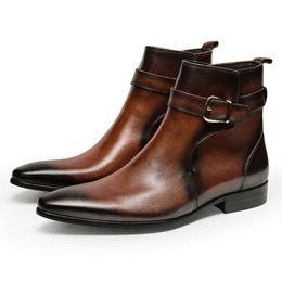 Retro Men Genuine Leather Fashion British Trend Buckle Ankle Short Casual Boots 2023 New Style Brown Black Shoes