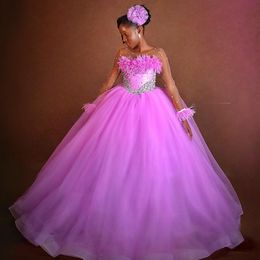 Feather Girls Birthday Party Dresses Sheer Neck Long Sleeves Rehinestones Flower Girl Dresses Tiered Tulle Flowergirl Dress Rehinestones Gowns for Black Kids F047