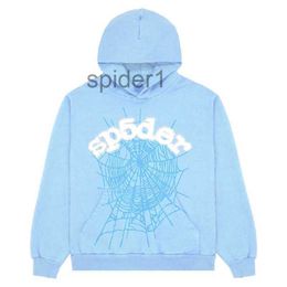 Sp5der 555555 Hoodies Mens Womens Angel Number Puff Pastry Printing Graphic Spider Web Sweatshirts Streetwear Top Clothing Light Blue 1GI3