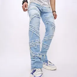 Men's Jeans 2024 Men Stylish Ripped Patch Slim Biker Pants Streetwear Male Casual Straight Denim Trousers