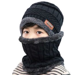 Beanie/Skull Caps Children 2pcs Hat Scarf Sets Baby Warm Winter Hats Boys Girls Knitted Velvet Linning Beanie Caps Bonnet Ski Balaclava for Kids 240125