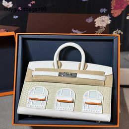 Womens Handbag House Bags Handmade Platinum Bag Small House First Snow Glacier White 8l Imported American Crocodile 20cm Hand Sewn Block Engraved Mini Custom Deposi