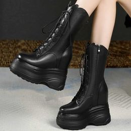 Boots 2024 Super High Heels Pumps Shoes Women Lace Up Genuine Leather Wedges Snow Boots Female Round Toe Fashion Sneakers Casual Shoes