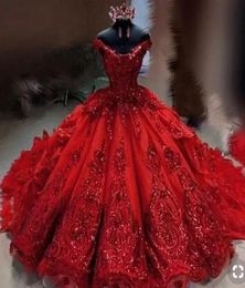 Dark Red Quinceanera Dresses Off the Shoulder Straps Sparkly Sequins Applique Ruffles Tiered Sweet 16 Birthday Party Ball Gown Cus1005795