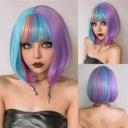 Rainbow wig women's short straight wig with bangs Bob colored wig shoulder length multi-color wig synthetic role-playing party wig 230125