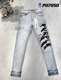 Jeans maschili nuovi viola con etichetta stampa alta strada sottile fit hip-hop designer brand pantaloni azzurro 231215 5kyy