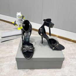 Sandals 2024 Shoes For Woman Metal Decoration Genuine Leather Peep Toe Summer Stiletto Pumps Designer