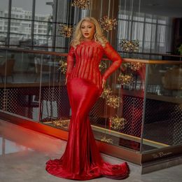 Elegant Red Mermaid Prom Dress 2024 Satin Long Sleeve Formal Occasion Dresses Birthday Party Gowns Vestidos De Gala