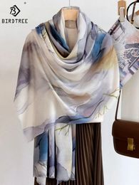 Scarves Birdtree Water-soluble Wool Scarf Print Handmade Edging Chinese Landscape Painting Elegant Shawl 2024 Spring A3D925QD