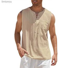 Men's Tank Tops Summer Men's Tank Top Cotton Linen Tops Fashion Solid Colour Sleeveless Clothes Lace Up Casual Linen VestL240124