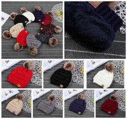 CC Trendy Hats Kids Knitted Fur Poms Beanie Winter Cable Slouchy Skull Caps Leisure Beanie Outdoor Hats 9 Colors 50pcs TCC059658694