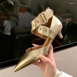 Dress Shoes Chic Design Women Shallow Gold Pumps Pointed Toe Cross Strap Kitten High Heels Cool Punk Fashion Lady Silver Formal Zapatillas