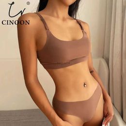 Sexy Set CINOON Women Seamless Bra Set Sexy Low Waist Thong Wire Free Bra Bralette Lingerie Brassiere Ice Silk Female Underwear Set