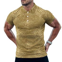 Men's Polos Sparkle Tiger Print Casual T-Shirts Gold Glitter Stripes Polo Shirts Turn Down Collar Y2K Shirt Men Design Clothes Plus Size 5XL