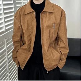 Men's Jackets Autumn American Retro Leather Jacket Fashion Street Casual Solid Color Pocket Zipper Turndown Collar Coat Brown Black