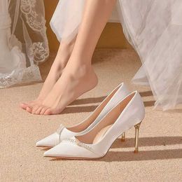 Dress Shoes Women's Summer Footwear Bride Pumps Shoes for Woman 2023 Wedding Shoe on Heeled Pointed Toe Pearl Stilito High Heels Popular 39