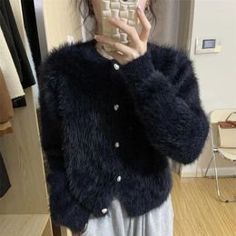 Women's Knits Rimocy Fluffy Mohair Cardigan For Women Korean Style Round Neck Fuzzy Sweater Woman Autumn Winter Button Up Warm Jersey Female