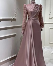 New Arrival A-line Evening Dress Beaded Puffy Long Sleeves Turkey Dubai Dinner Prom Formal Gowns Arabic High Neck Robe De Soiree Customise