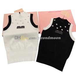 Fashion Pearl Tanks Top Women Rhinestone Letter Vest Spring Summer Knitted Tee Sleeveless Vests