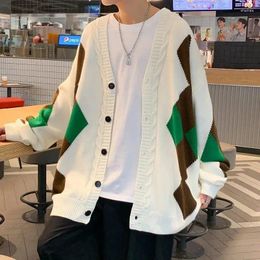 Men's Sweaters Knit Sweater Male Cardigan Clothing Jacket Argyle Coat Graphic Aesthetic Old Cigaret Overfit Baggy Japanese Retro Fun Warm