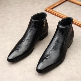 Handmade Brand Men Ankle Genuine Leather Fashion Designer Basic Zipper Pointed Black Formal Mens Warm Boots