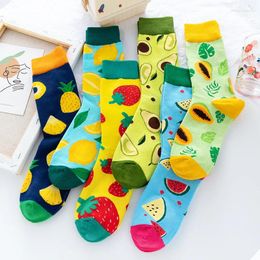 Women Socks 1 Pair Cotton Avocado Lemon Happy Funny Colorful Fruits Food Harajuku Street Skateboard Girls High Cute Sox Autumn