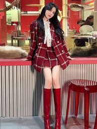 Xgoth French Elegant Fashion Suit Womens Girl Year Red Plaid Coat Half Skirt Women High Street Playful 2pcs Set 240125