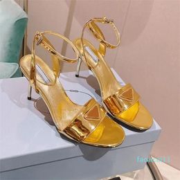 high heeled sandals for Womens Designer buckle decorate Ladies dress shoes Leather 9CM Metal heels Sexy