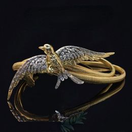 Luxury brand belt metal elastic bird waist chain gold colour stripes animal shape inset decorative belt women 240124