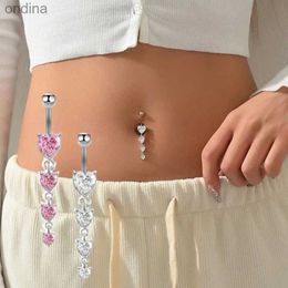 Navel Bell Button Rings 4 Heart Crystals Long Dangled Stainless Steel Belly Button Rings Body Piercings Jewelry Fashion Heart-Shaped Navel Nail ForWomen YQ240125