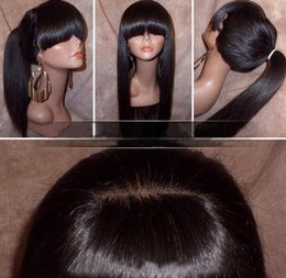 Silky Straight Lace Front Wig with Full Bangs Ponytail Brazilian Virgin Human Hair Full Lace Wigs for Women Natural Color4455327