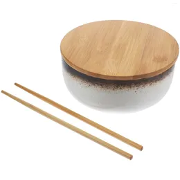 Dinnerware Sets Bamboo Cover Ceramic Noodle Soup Bowl Student Ramen Bowls Udon Soba Ceramics