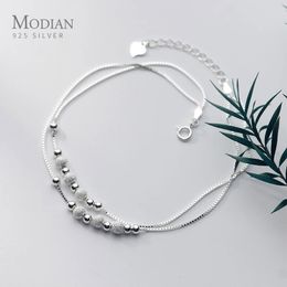 Modian Sterling Silver 925 Rose Gold Color Frosted Ball Light Beads Anklet for Women Snake Bone Chain Korea Style Fine Jewelry 240118